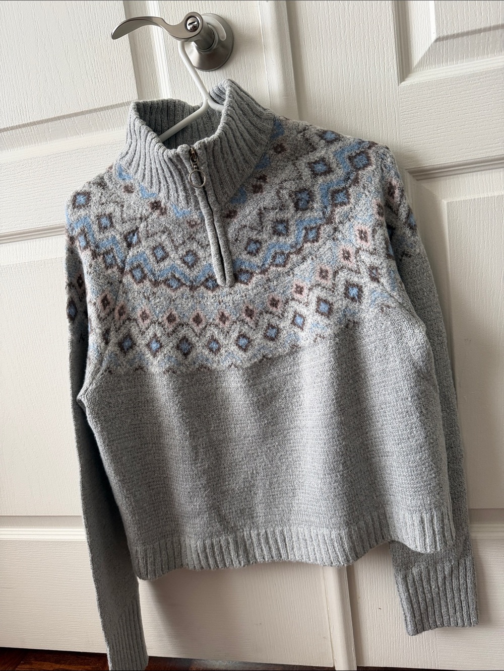 Women's Gray Fair Isle Half-Zip Crop Sweater
